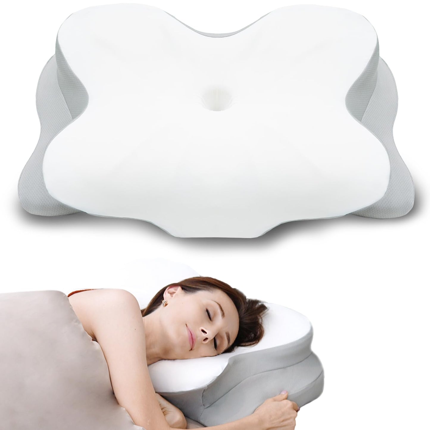 Cervical Neck Pillow for Neck and Shoulder Pain Relief Ergonomic Memory Foam Pillow Cervical Pillow for Side Back Stomach Sleepers Neck Support Pillows with Soft Pillowcase (Horn Shape)