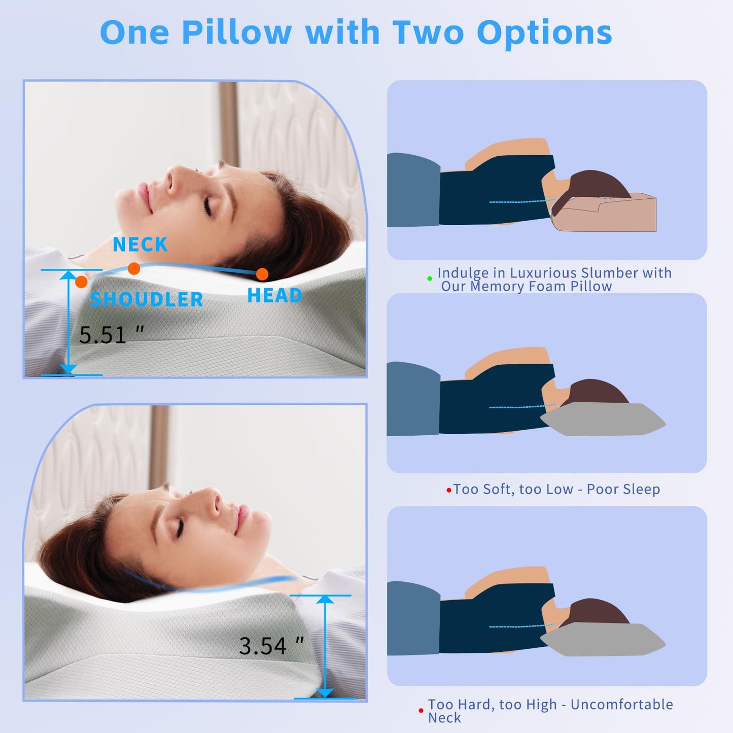 Cervical Neck Pillow for Neck and Shoulder Pain Relief Ergonomic Memory Foam Pillow Cervical Pillow for Side Back Stomach Sleepers Neck Support Pillows with Soft Pillowcase (Horn Shape)